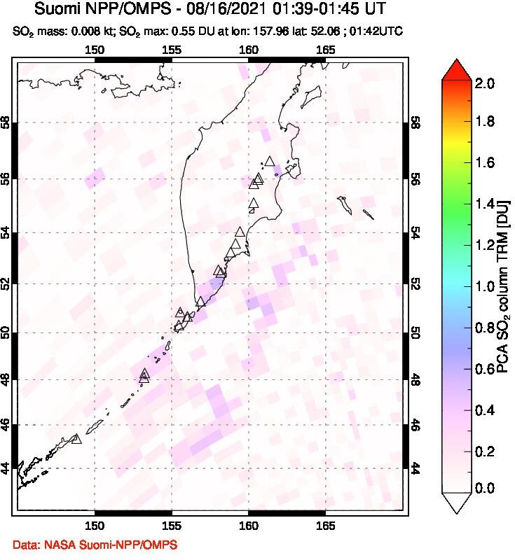 A sulfur dioxide image over Kamchatka, Russian Federation on Aug 16, 2021.