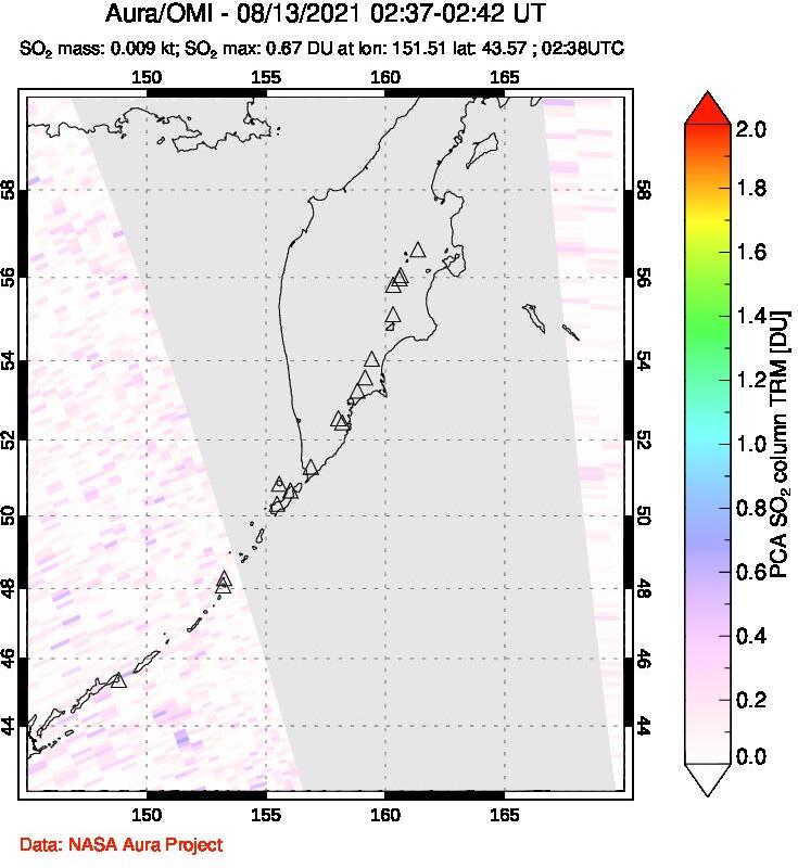 A sulfur dioxide image over Kamchatka, Russian Federation on Aug 13, 2021.