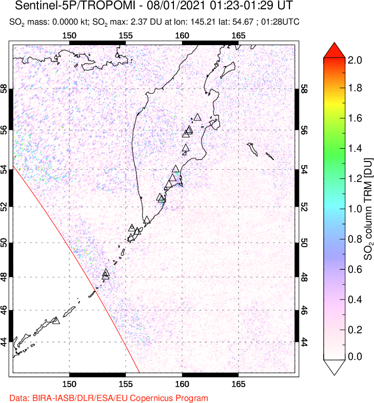 A sulfur dioxide image over Kamchatka, Russian Federation on Aug 01, 2021.