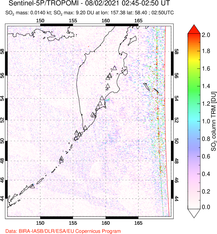A sulfur dioxide image over Kamchatka, Russian Federation on Aug 02, 2021.