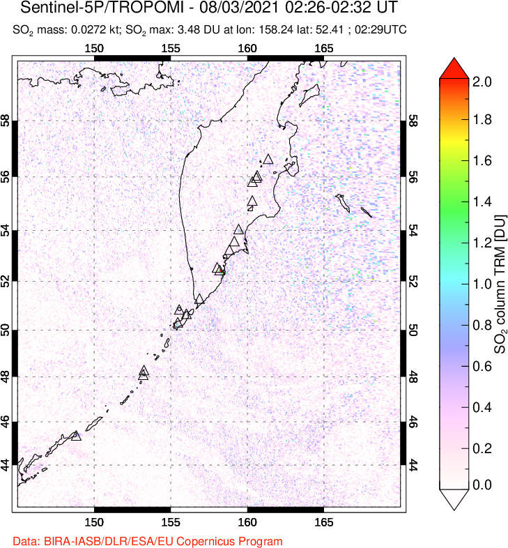 A sulfur dioxide image over Kamchatka, Russian Federation on Aug 03, 2021.