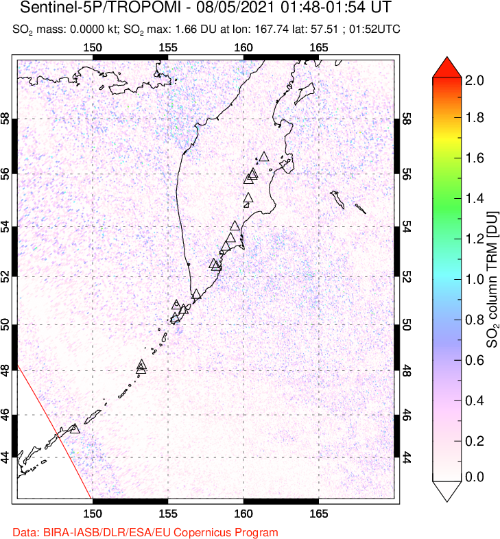 A sulfur dioxide image over Kamchatka, Russian Federation on Aug 05, 2021.