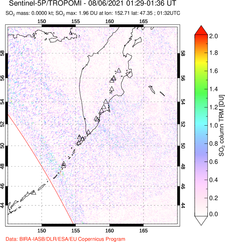 A sulfur dioxide image over Kamchatka, Russian Federation on Aug 06, 2021.
