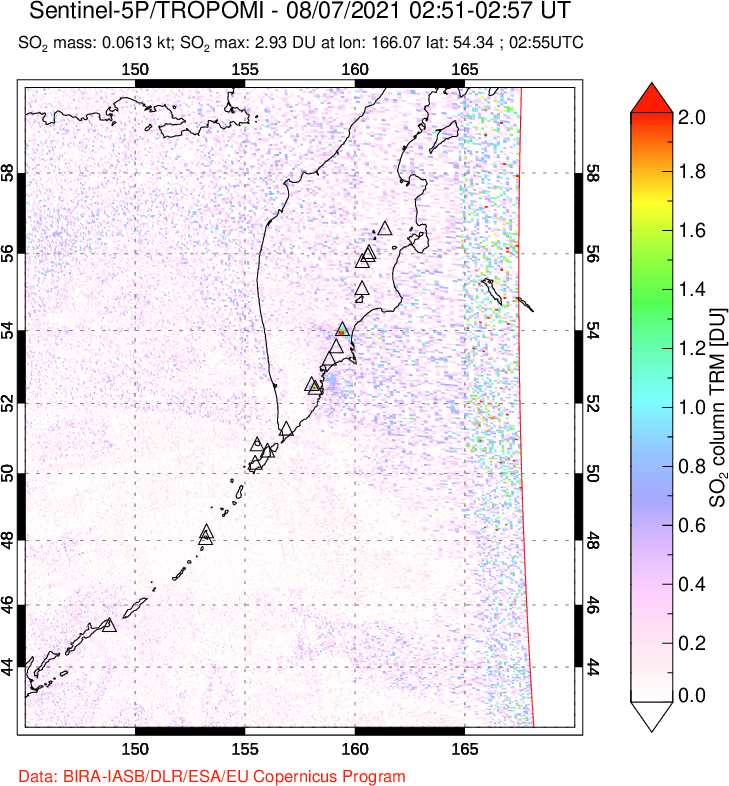 A sulfur dioxide image over Kamchatka, Russian Federation on Aug 07, 2021.