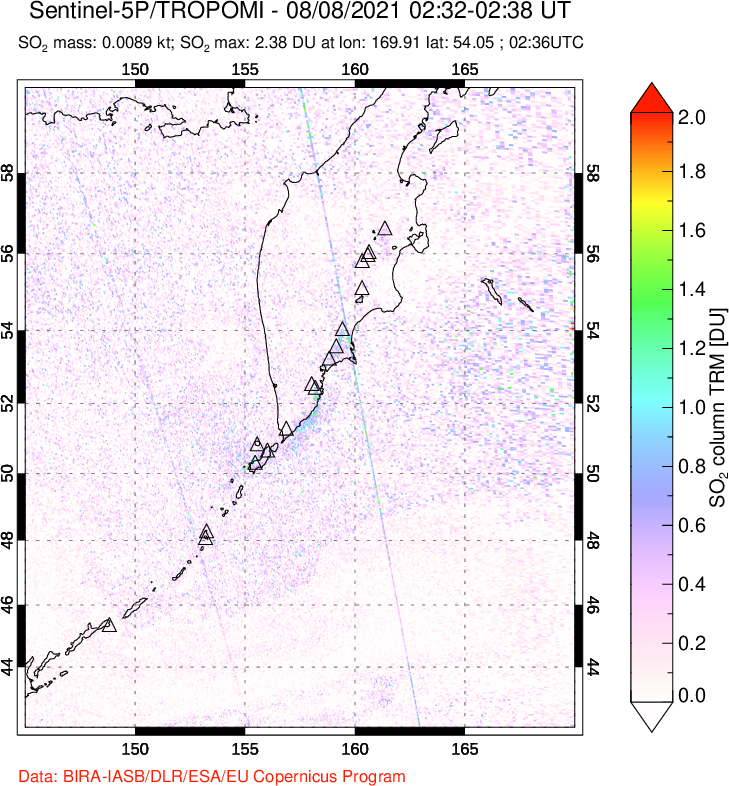 A sulfur dioxide image over Kamchatka, Russian Federation on Aug 08, 2021.