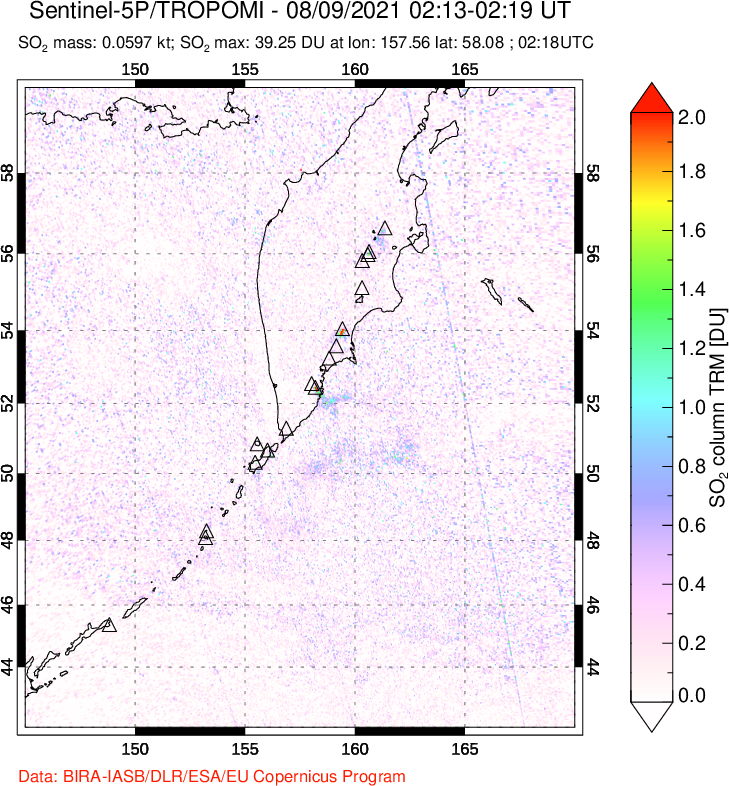 A sulfur dioxide image over Kamchatka, Russian Federation on Aug 09, 2021.