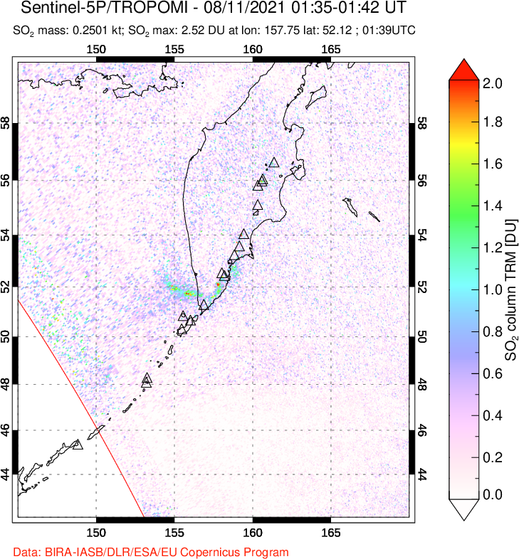 A sulfur dioxide image over Kamchatka, Russian Federation on Aug 11, 2021.