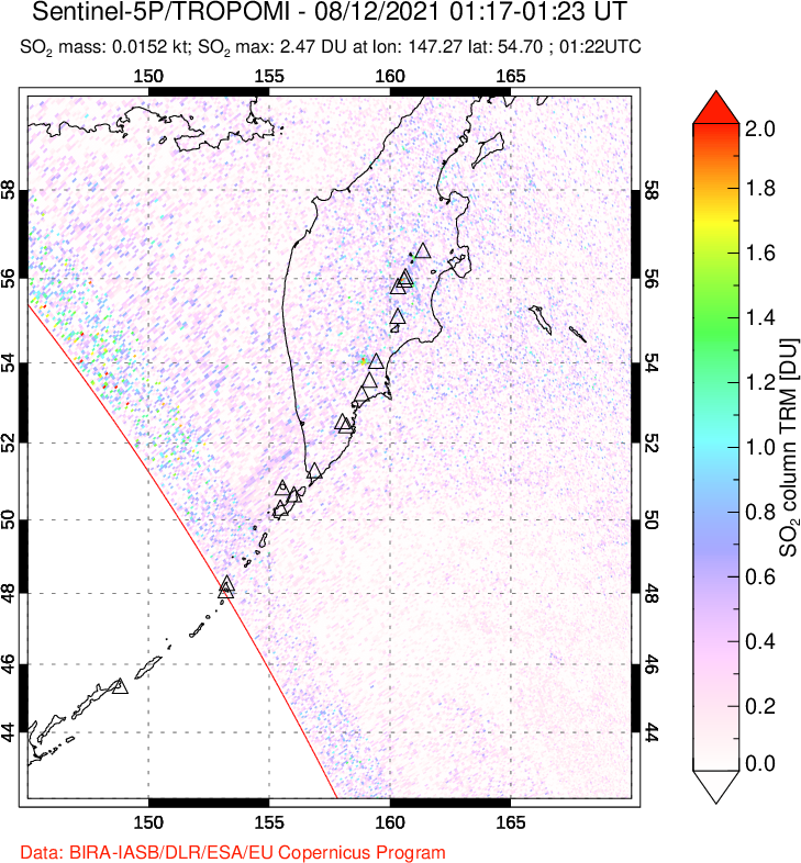 A sulfur dioxide image over Kamchatka, Russian Federation on Aug 12, 2021.