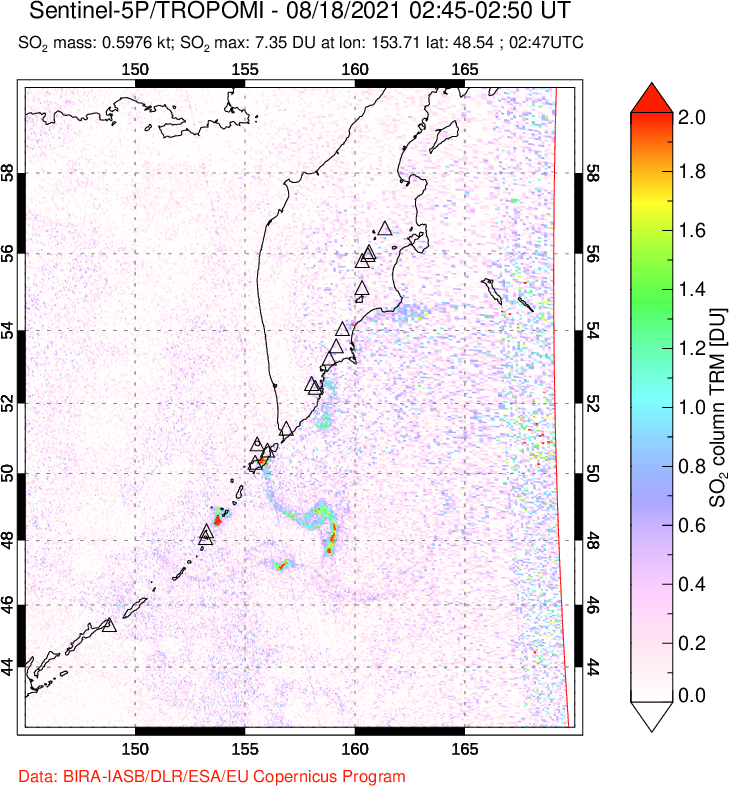 A sulfur dioxide image over Kamchatka, Russian Federation on Aug 18, 2021.