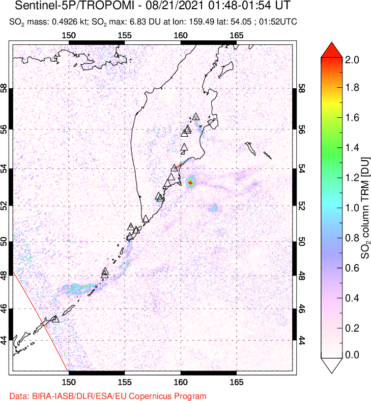 A sulfur dioxide image over Kamchatka, Russian Federation on Aug 21, 2021.