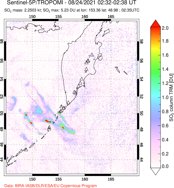A sulfur dioxide image over Kamchatka, Russian Federation on Aug 24, 2021.