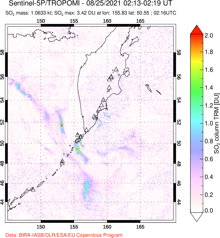 A sulfur dioxide image over Kamchatka, Russian Federation on Aug 25, 2021.