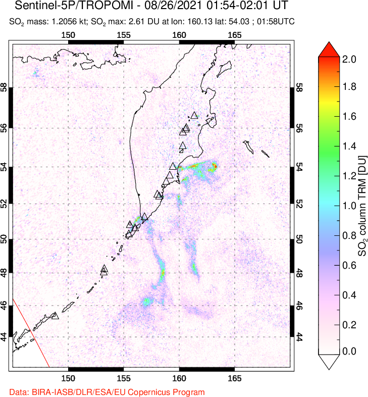 A sulfur dioxide image over Kamchatka, Russian Federation on Aug 26, 2021.