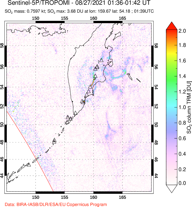 A sulfur dioxide image over Kamchatka, Russian Federation on Aug 27, 2021.