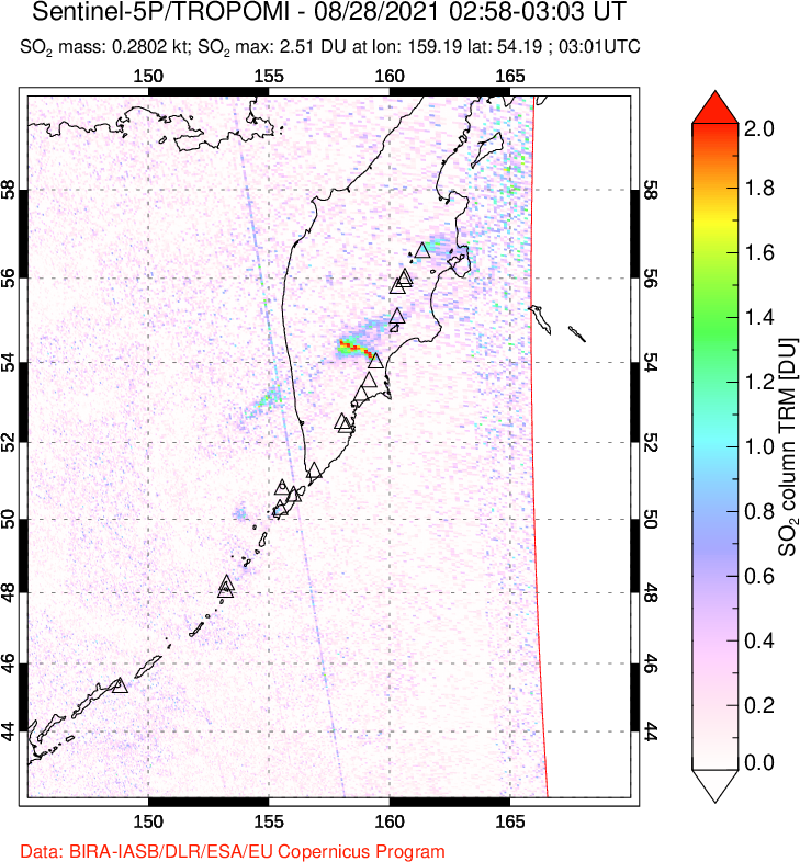 A sulfur dioxide image over Kamchatka, Russian Federation on Aug 28, 2021.