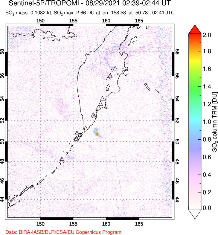 A sulfur dioxide image over Kamchatka, Russian Federation on Aug 29, 2021.