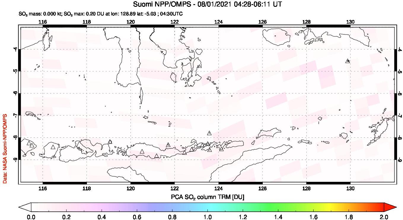 A sulfur dioxide image over Lesser Sunda Islands, Indonesia on Aug 01, 2021.