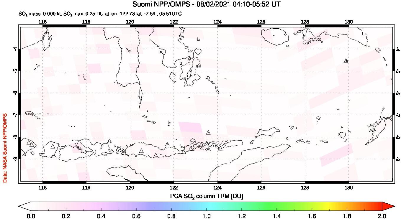 A sulfur dioxide image over Lesser Sunda Islands, Indonesia on Aug 02, 2021.