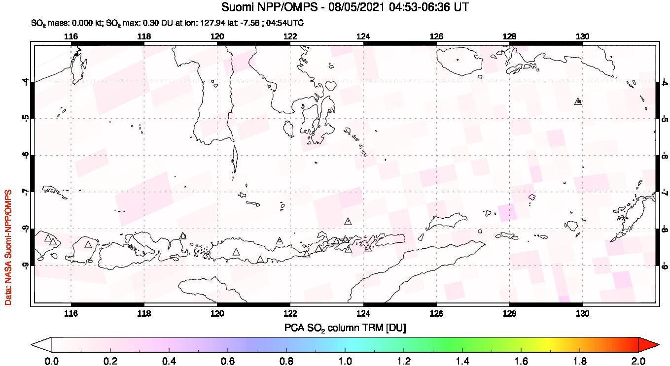 A sulfur dioxide image over Lesser Sunda Islands, Indonesia on Aug 05, 2021.