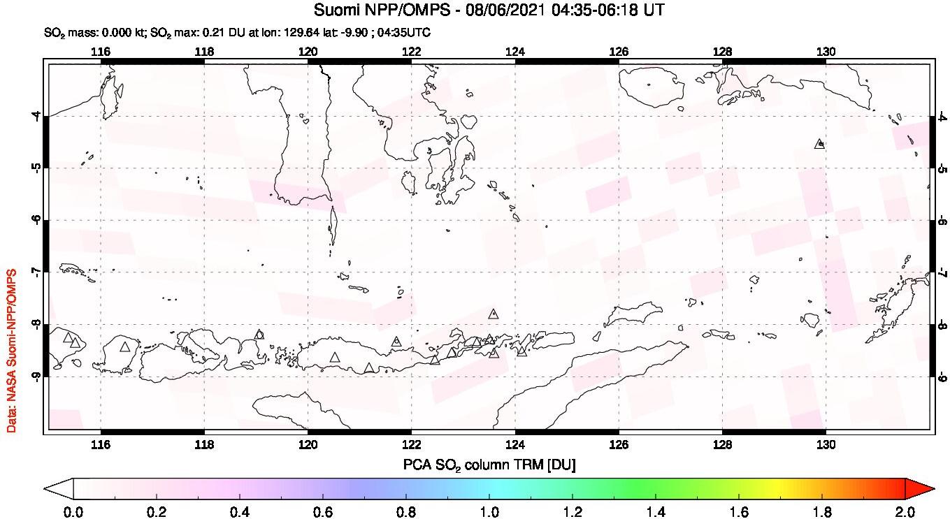 A sulfur dioxide image over Lesser Sunda Islands, Indonesia on Aug 06, 2021.