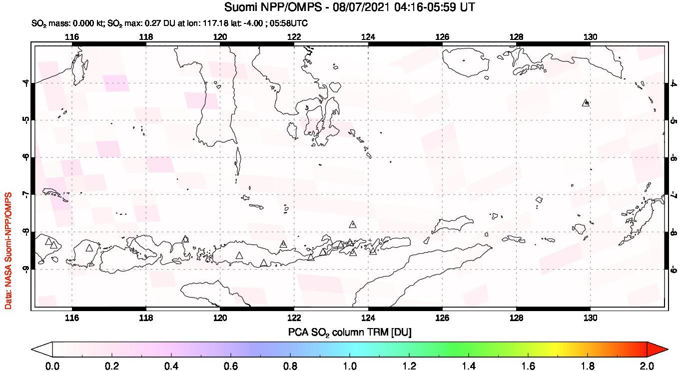 A sulfur dioxide image over Lesser Sunda Islands, Indonesia on Aug 07, 2021.