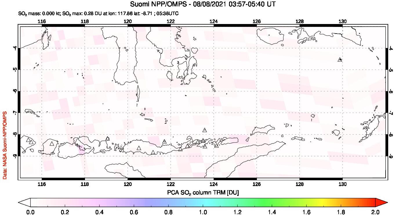 A sulfur dioxide image over Lesser Sunda Islands, Indonesia on Aug 08, 2021.