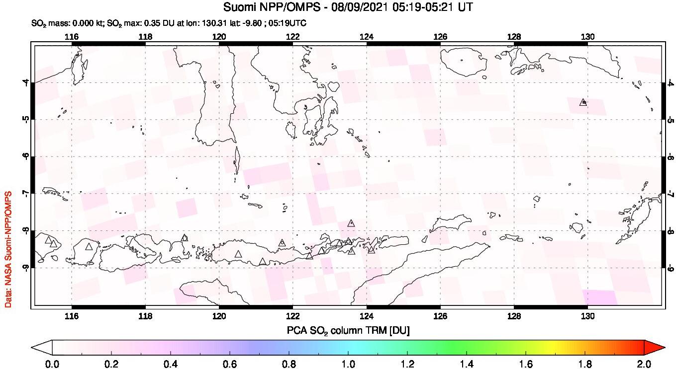 A sulfur dioxide image over Lesser Sunda Islands, Indonesia on Aug 09, 2021.