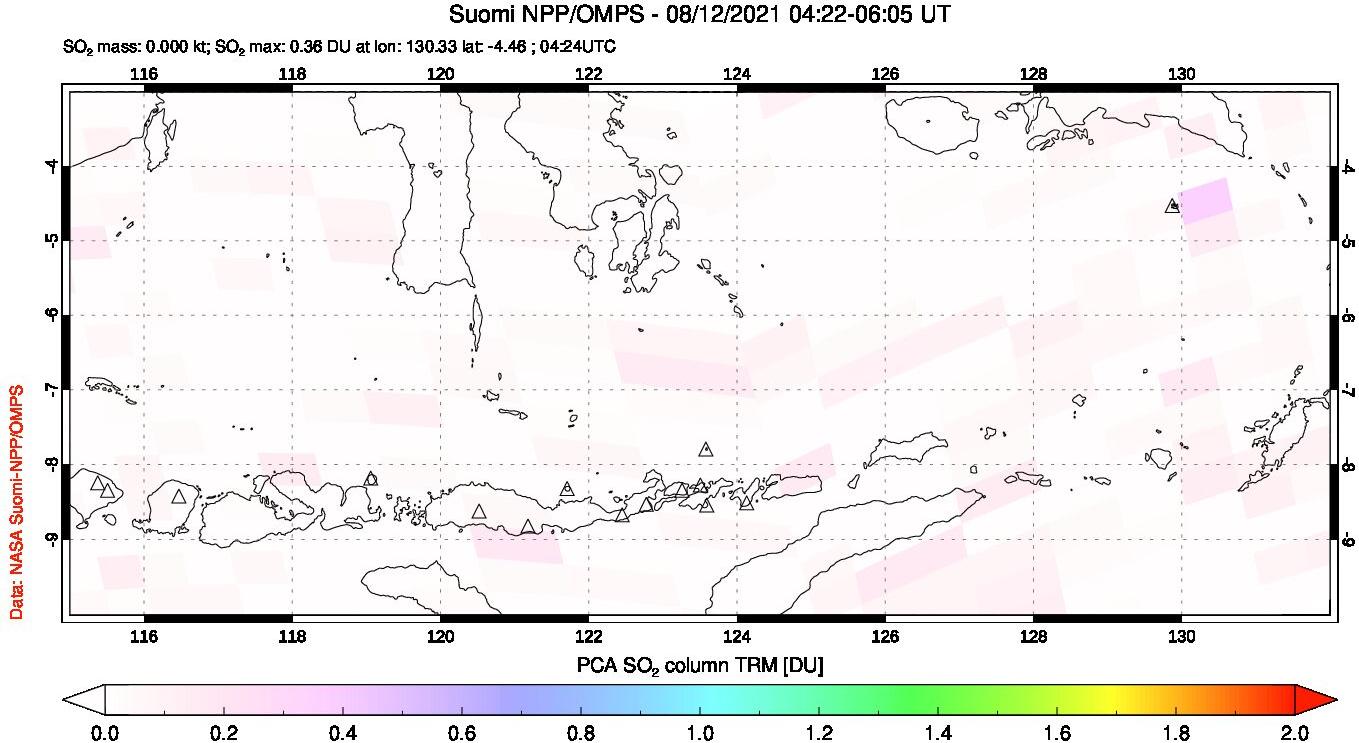 A sulfur dioxide image over Lesser Sunda Islands, Indonesia on Aug 12, 2021.