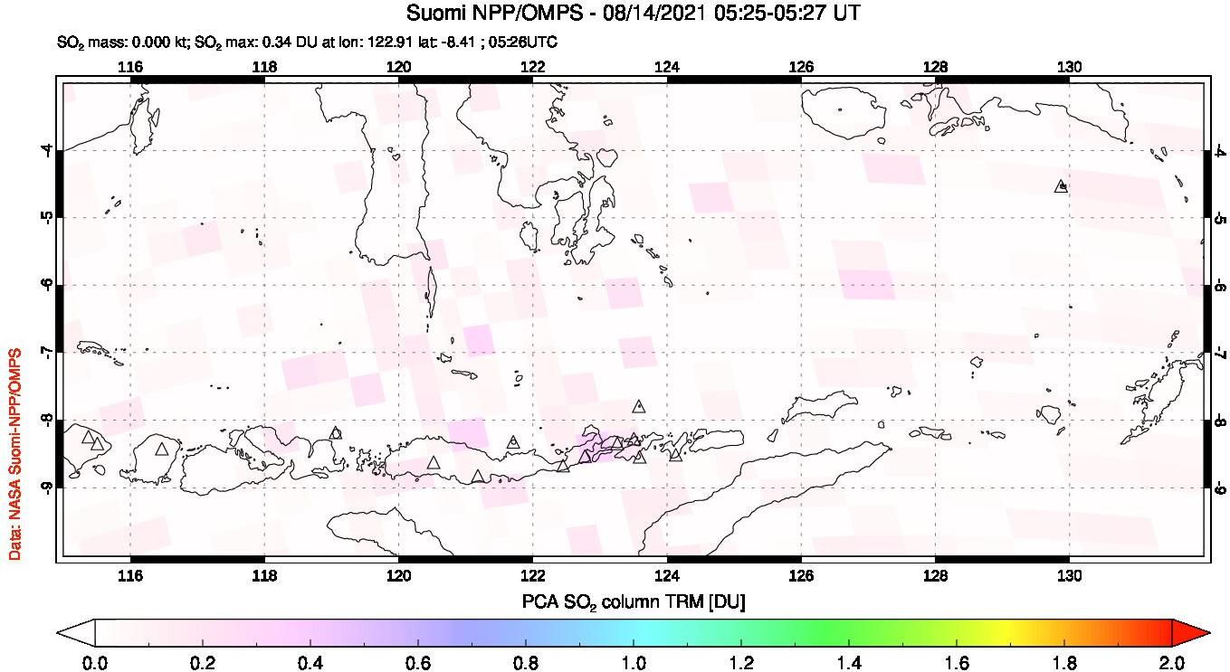 A sulfur dioxide image over Lesser Sunda Islands, Indonesia on Aug 14, 2021.