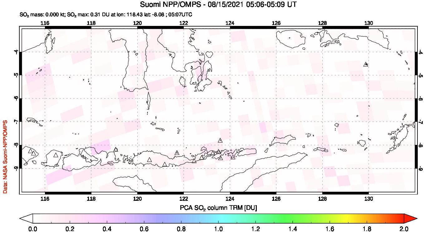 A sulfur dioxide image over Lesser Sunda Islands, Indonesia on Aug 15, 2021.