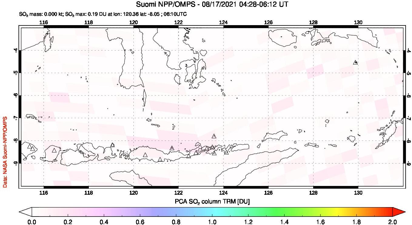 A sulfur dioxide image over Lesser Sunda Islands, Indonesia on Aug 17, 2021.