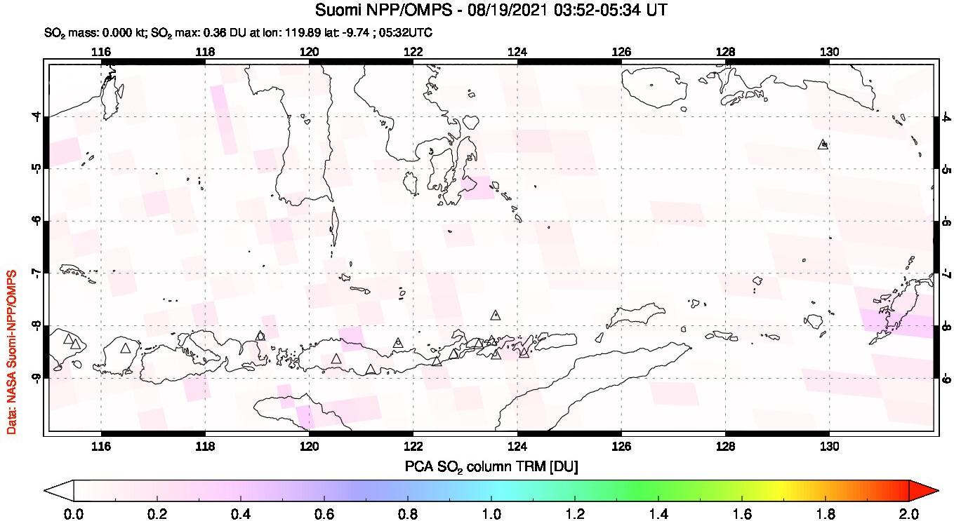 A sulfur dioxide image over Lesser Sunda Islands, Indonesia on Aug 19, 2021.