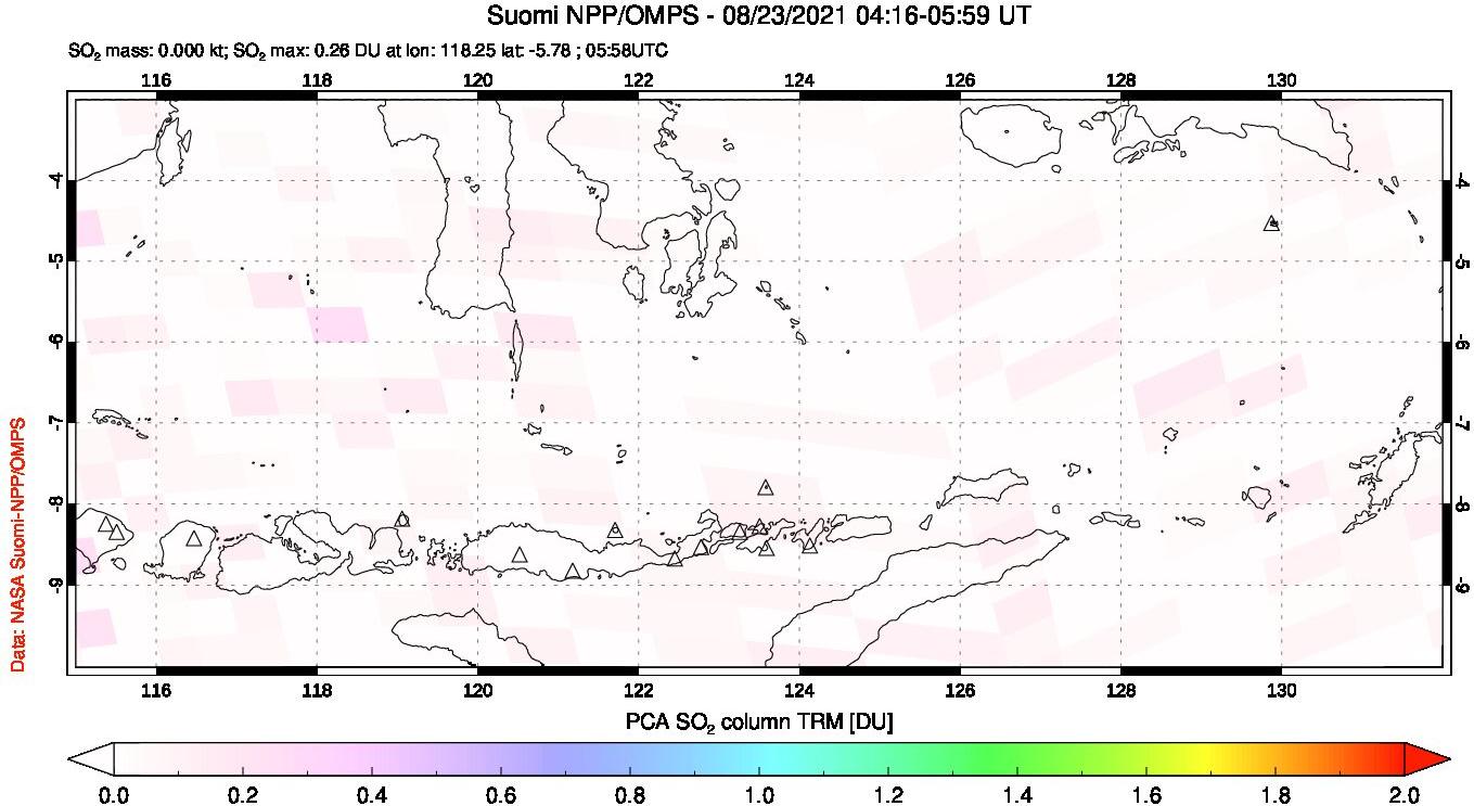 A sulfur dioxide image over Lesser Sunda Islands, Indonesia on Aug 23, 2021.