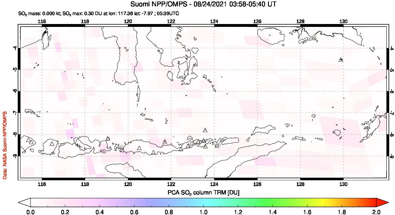 A sulfur dioxide image over Lesser Sunda Islands, Indonesia on Aug 24, 2021.