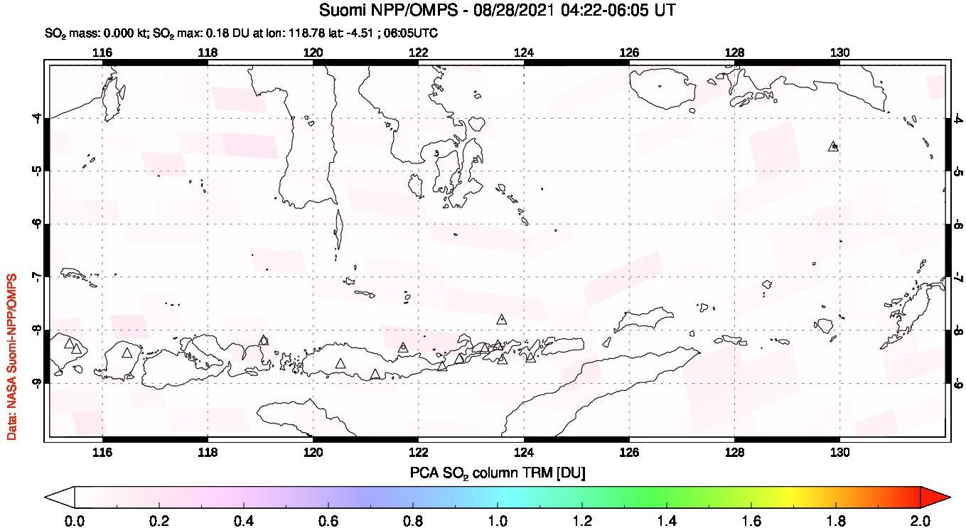 A sulfur dioxide image over Lesser Sunda Islands, Indonesia on Aug 28, 2021.