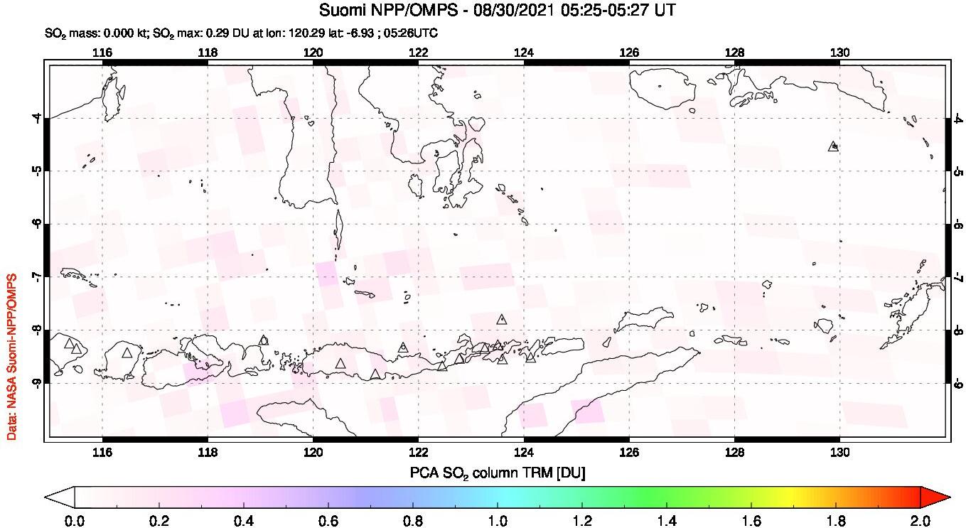 A sulfur dioxide image over Lesser Sunda Islands, Indonesia on Aug 30, 2021.