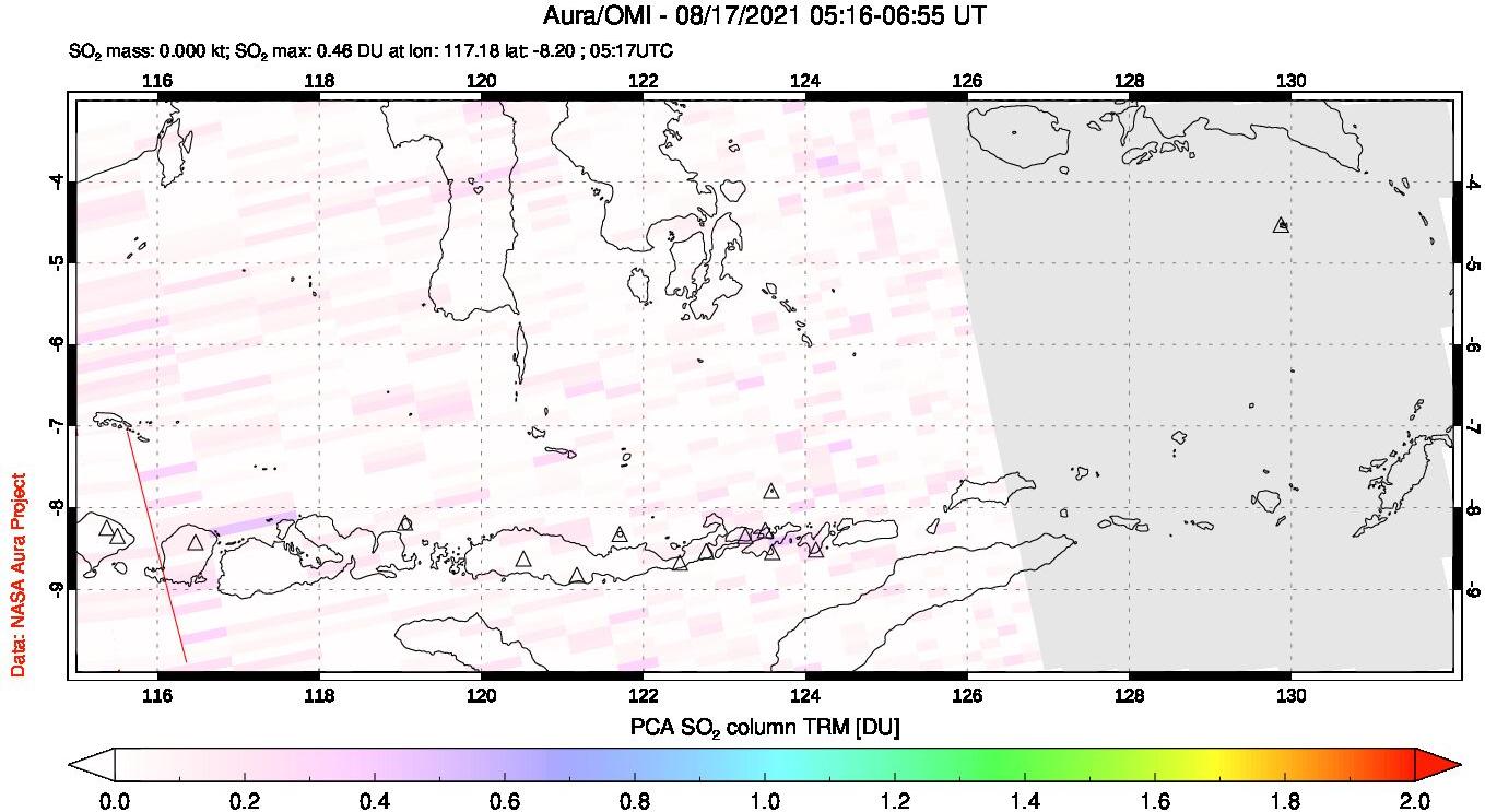 A sulfur dioxide image over Lesser Sunda Islands, Indonesia on Aug 17, 2021.