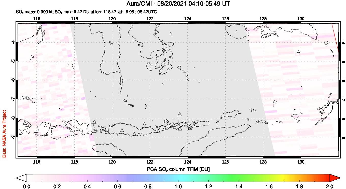 A sulfur dioxide image over Lesser Sunda Islands, Indonesia on Aug 20, 2021.