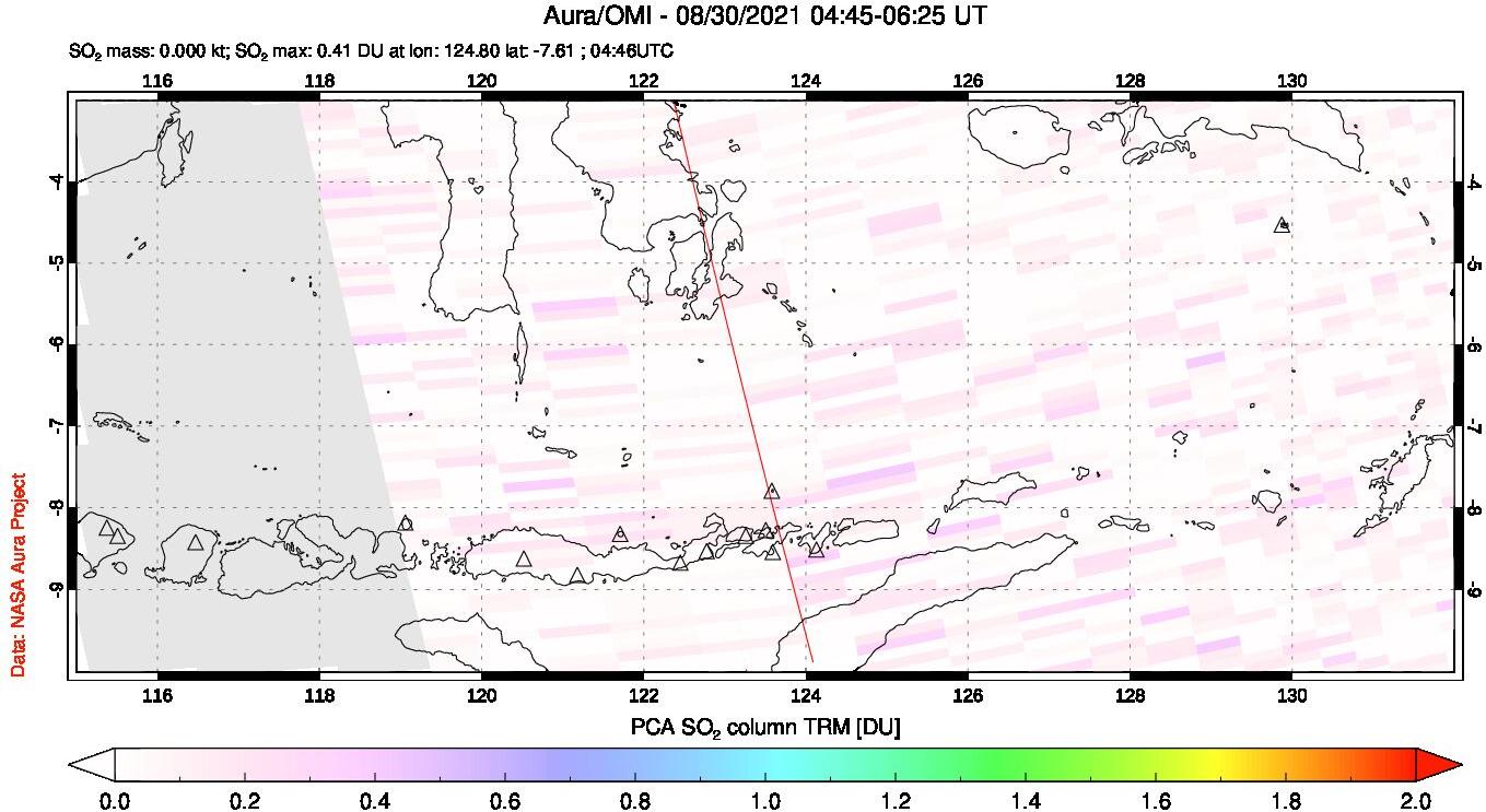 A sulfur dioxide image over Lesser Sunda Islands, Indonesia on Aug 30, 2021.