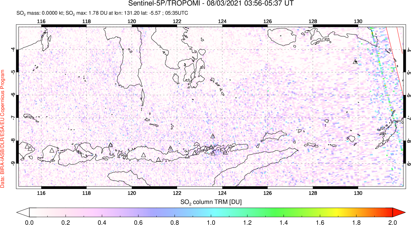 A sulfur dioxide image over Lesser Sunda Islands, Indonesia on Aug 03, 2021.