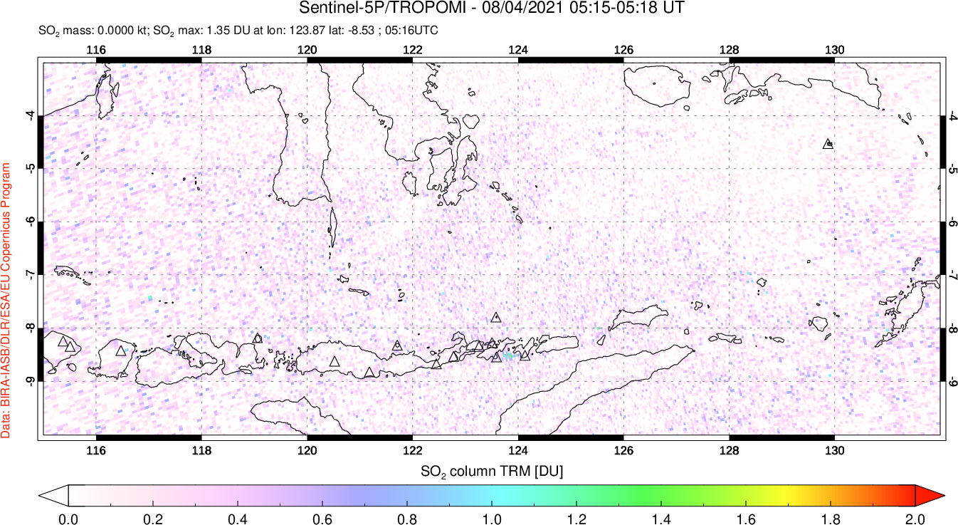 A sulfur dioxide image over Lesser Sunda Islands, Indonesia on Aug 04, 2021.