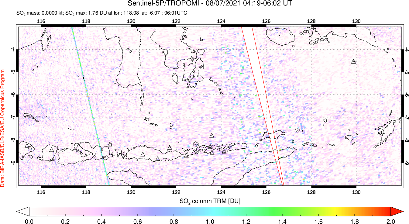 A sulfur dioxide image over Lesser Sunda Islands, Indonesia on Aug 07, 2021.