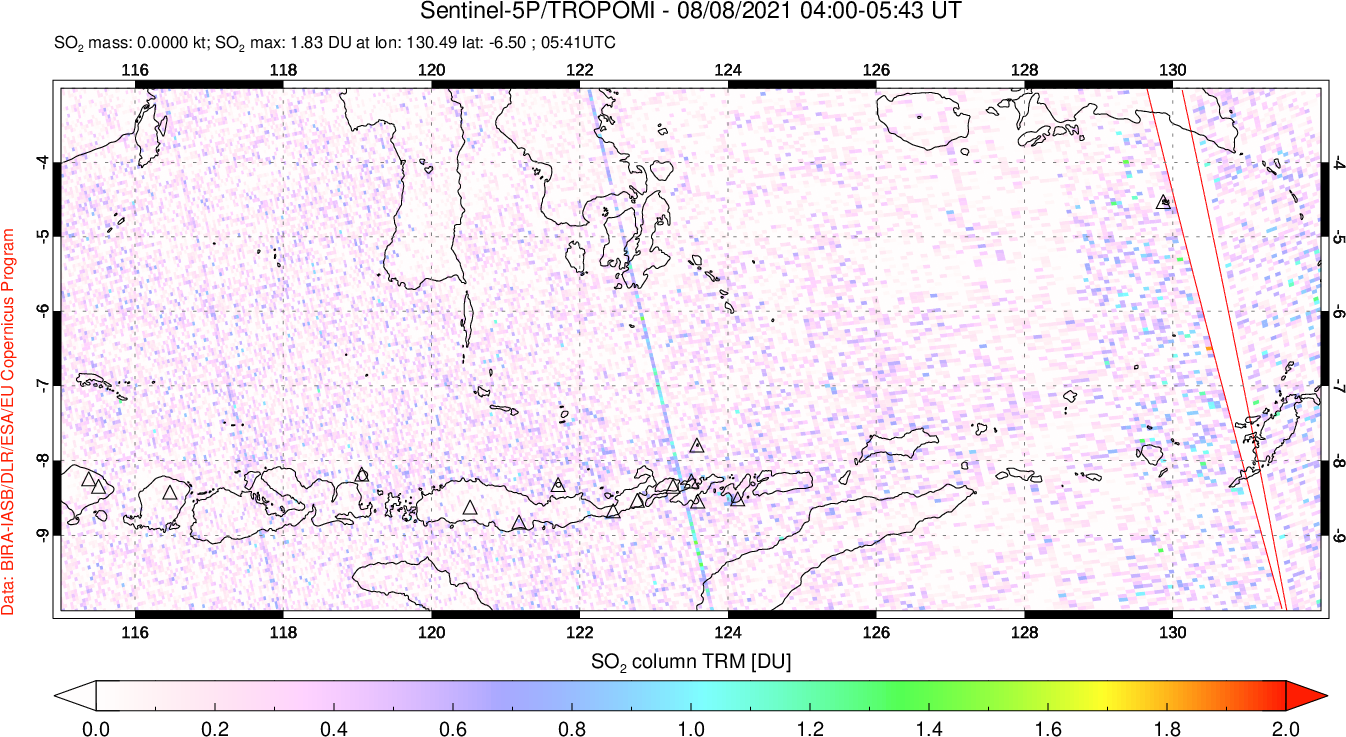 A sulfur dioxide image over Lesser Sunda Islands, Indonesia on Aug 08, 2021.