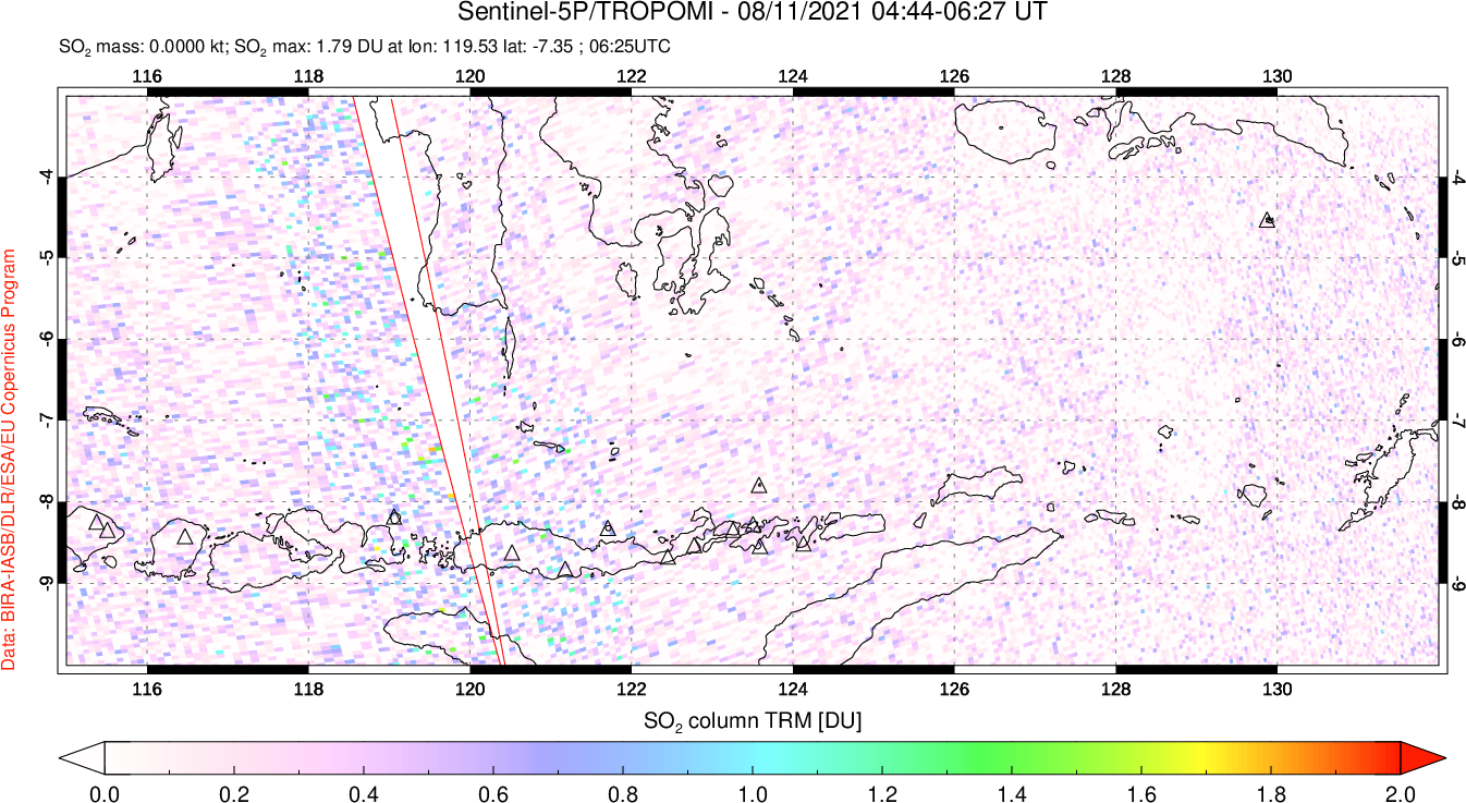 A sulfur dioxide image over Lesser Sunda Islands, Indonesia on Aug 11, 2021.