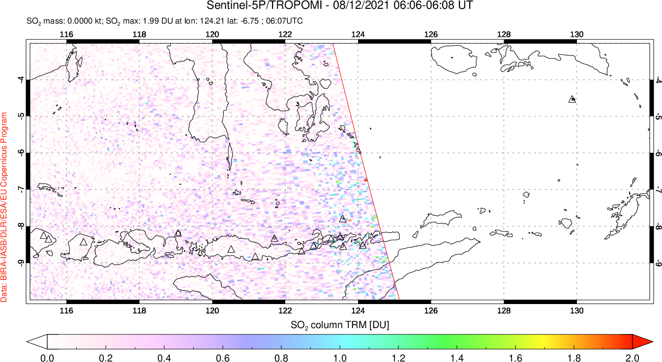 A sulfur dioxide image over Lesser Sunda Islands, Indonesia on Aug 12, 2021.