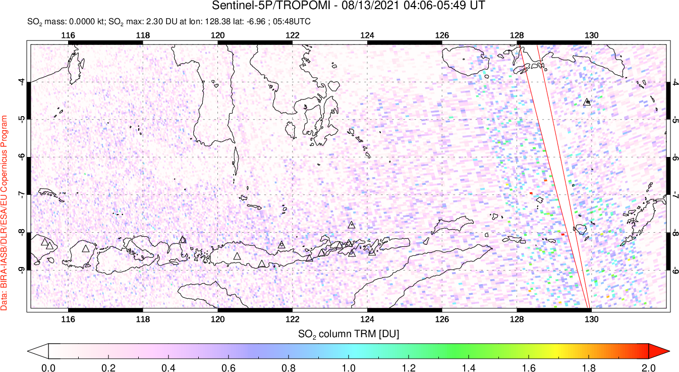 A sulfur dioxide image over Lesser Sunda Islands, Indonesia on Aug 13, 2021.