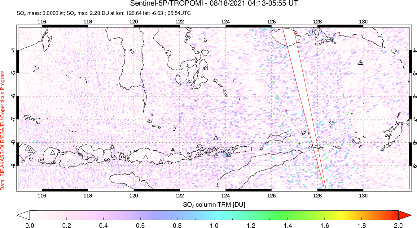 A sulfur dioxide image over Lesser Sunda Islands, Indonesia on Aug 18, 2021.