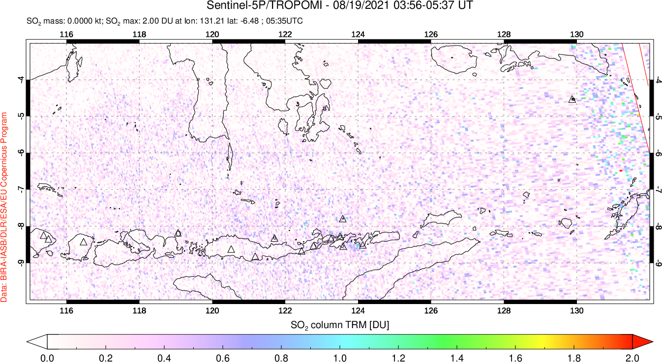 A sulfur dioxide image over Lesser Sunda Islands, Indonesia on Aug 19, 2021.