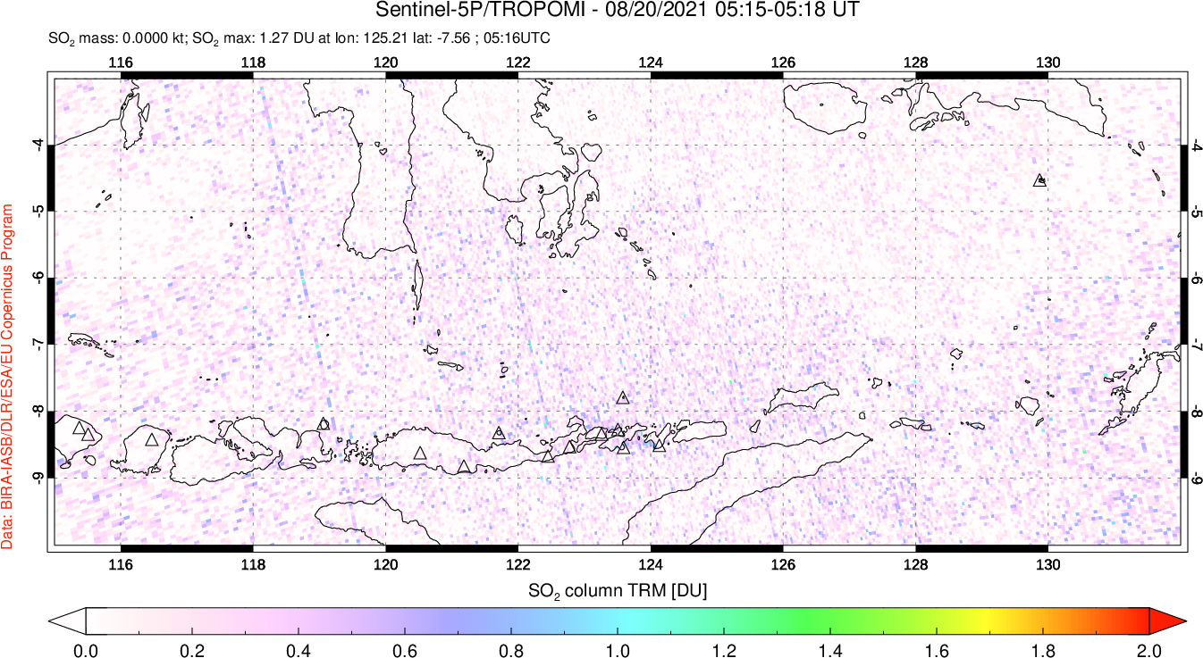 A sulfur dioxide image over Lesser Sunda Islands, Indonesia on Aug 20, 2021.