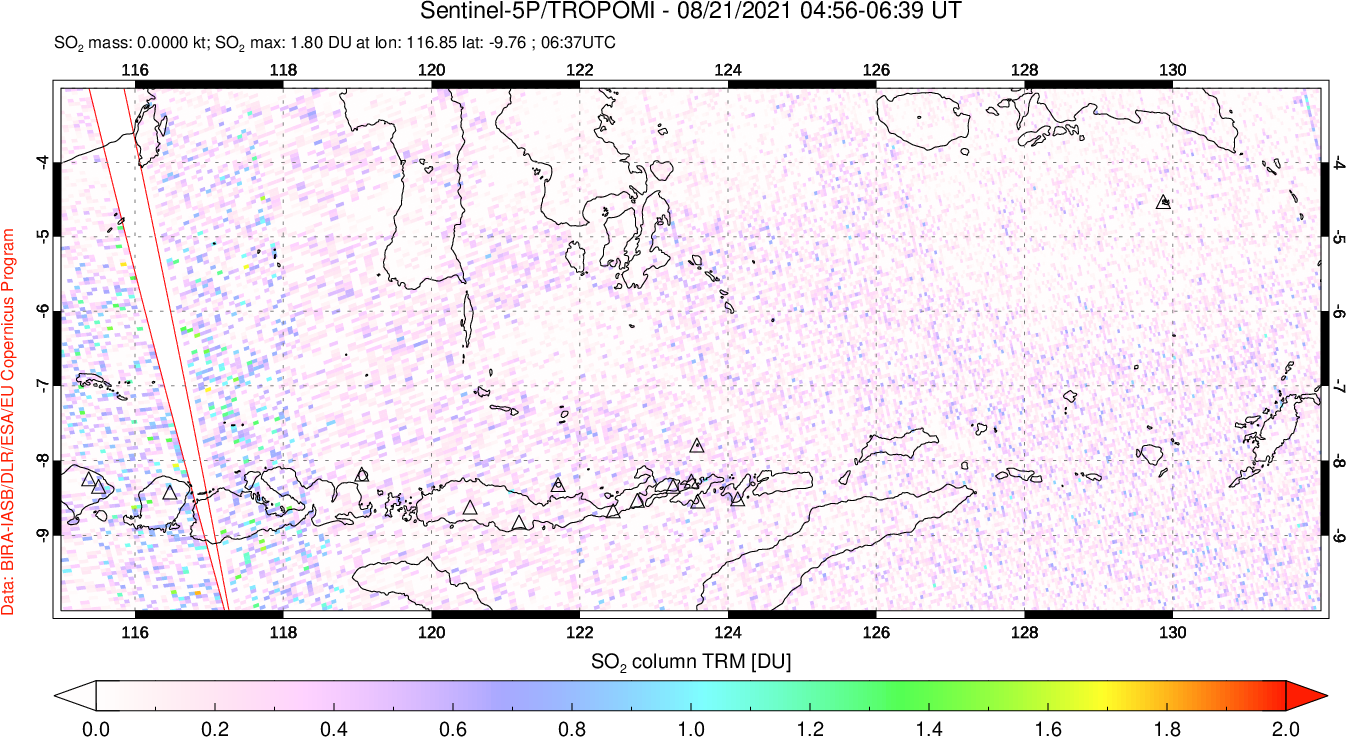 A sulfur dioxide image over Lesser Sunda Islands, Indonesia on Aug 21, 2021.
